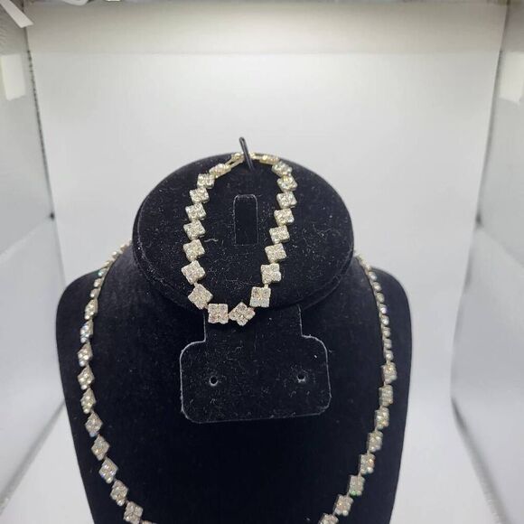 Vintage 50s Hollywood Glam Demi Parure Pave Set Crystal Bracelet and Necklace in - Picture 2 of 6